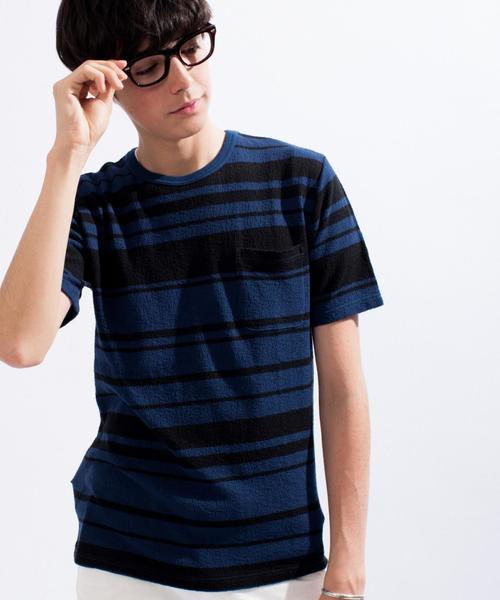 green label relaxing（グリーンレーベルリラクシング）の「CREPE BORDER C/N SS②　Tシャツ ◆（Tシャツ/カットソー・メンズ・コバルトブルー/ブラック/ネイビー/ブラウン・MEDIUM/LARGE/SMALL）」の4枚目の写真