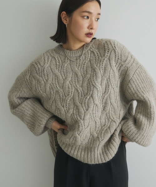 Green　Parks（グリーンパークス）の「a.ケーブルニットプルオーバー（ニット/セーター・レディース・チャコールグレー/ブルー/ライトグリーン/ベージュ・FREE）」の2枚目の写真
