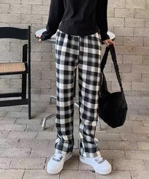 チェック柄 裏起毛ストレートパンツ