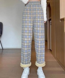 チェック柄 裏起毛ストレートパンツ