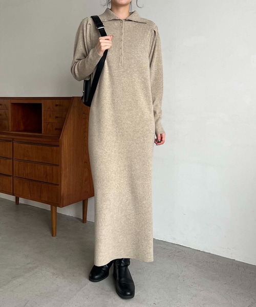 CAPRICIEUX LE'MAGE（カプリシューレマージュ）の「【サイズ展開あり】ヘンリーニットワンピース（ワンピース・レディース・ベージュ/ブラック・FREE/PS）」の6枚目の写真