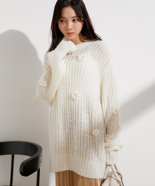 VIS(ビス)の「お花ぽんぽんシアーニット(ニット/セーター・レディース・ピンク系その他2/オフホワイト・FREE)」の3枚目の写真
