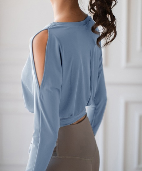 HYSSHOP（エイチワイエスショップ）の「レディース 長袖オープンショルダークロップドヨガウェアトップス ピラティス[トレーニングウェア/ジムウェア/ピラティスウェア]（その他トップス・レディース・ピンク/オフホワイト/ブラック/グレー/ブルー・M/S/L）」の4枚目の写真