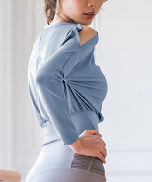 HYSSHOP（エイチワイエスショップ）の「レディース 長袖オープンショルダークロップドヨガウェアトップス ピラティス[トレーニングウェア/ジムウェア/ピラティスウェア]（その他トップス・レディース・ピンク/オフホワイト/ブラック/グレー/ブルー・M/S/L）」の22枚目の写真