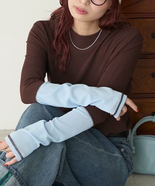 BONLECILL（ボンルシール）の「シアーリブ配色スリーブプルオーバー/インナー（Tシャツ/カットソー・レディース・グレー/オフホワイト/ブラック/グリーン/ピンク/レッド/グレイッシュベージュ/グレー系/ブラウン・FREE）」の6枚目の写真