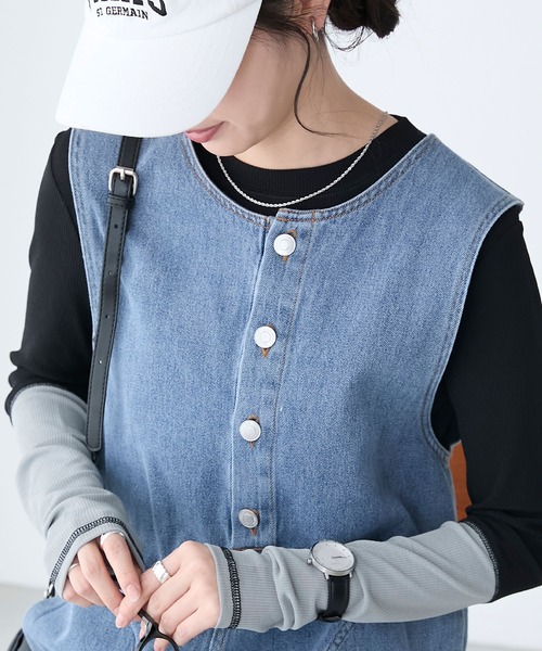 BONLECILL（ボンルシール）の「シアーリブ配色スリーブプルオーバー/インナー（Tシャツ/カットソー・レディース・グレー/オフホワイト/ブラック/グリーン/ピンク/レッド/グレイッシュベージュ/グレー系/ブラウン・FREE）」の10枚目の写真