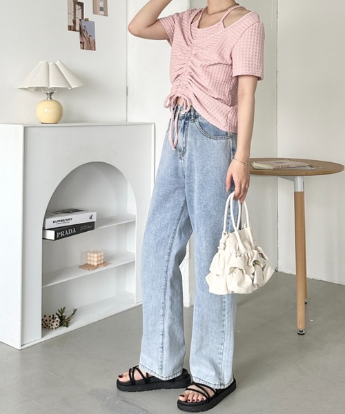 セール】ホルターネック シャーリングリボン半袖トップス（Tシャツ