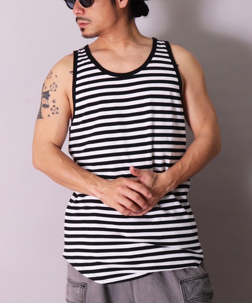 BAYBLO（ベイブロ）の「(BE)ボーダー ラウンドヘム レイヤード ロング タンクトップ（タンクトップ・メンズ・グレー×ホワイト/ブラック×ホワイト・FREE）」の15枚目の写真