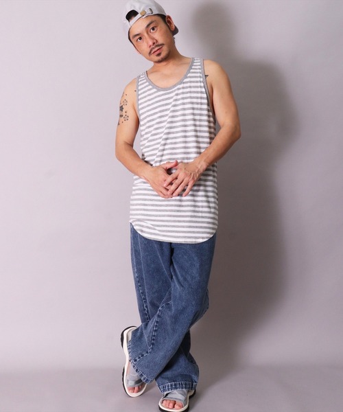 BAYBLO（ベイブロ）の「(BE)ボーダー ラウンドヘム レイヤード ロング タンクトップ（タンクトップ・メンズ・グレー×ホワイト/ブラック×ホワイト・FREE）」の16枚目の写真