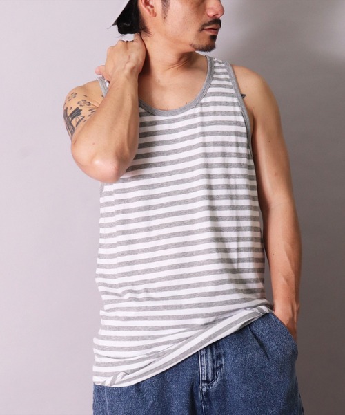 BAYBLO（ベイブロ）の「(BE)ボーダー ラウンドヘム レイヤード ロング タンクトップ（タンクトップ・メンズ・グレー×ホワイト/ブラック×ホワイト・FREE）」の17枚目の写真