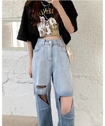 ハイウエスト グラデーション ストレートダメージデニム