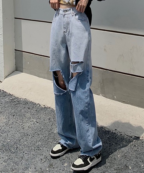 Teem Store（チームストア）の「ハイウエスト グラデーション ストレートダメージデニム（デニムパンツ・レディース・サックスブルー・S/M/L）」の9枚目の写真