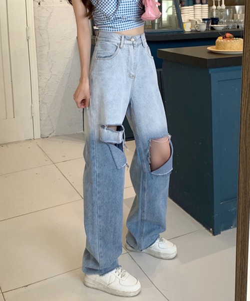 Teem Store（チームストア）の「ハイウエスト グラデーション ストレートダメージデニム（デニムパンツ・レディース・サックスブルー・S/M/L）」の8枚目の写真