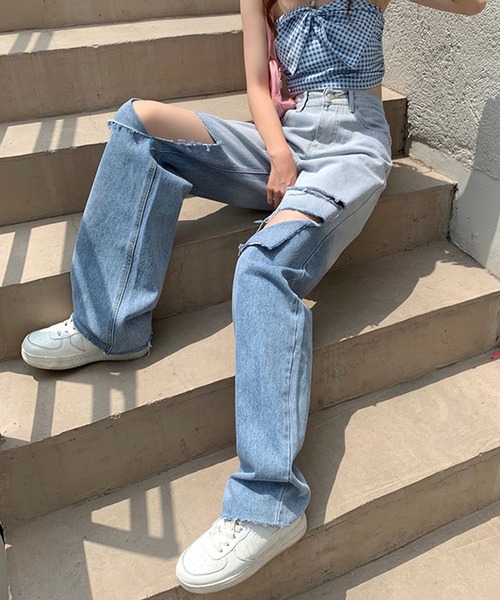 Teem Store（チームストア）の「ハイウエスト グラデーション ストレートダメージデニム（デニムパンツ・レディース・サックスブルー・S/M/L）」の7枚目の写真