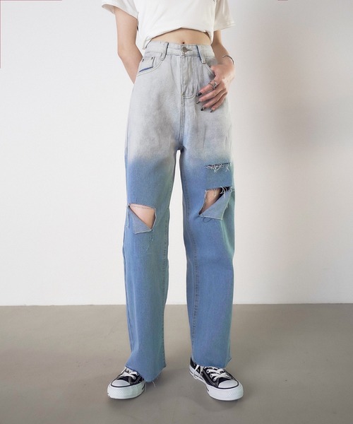 Teem Store（チームストア）の「ハイウエスト グラデーション ストレートダメージデニム（デニムパンツ・レディース・サックスブルー・S/M/L）」の5枚目の写真