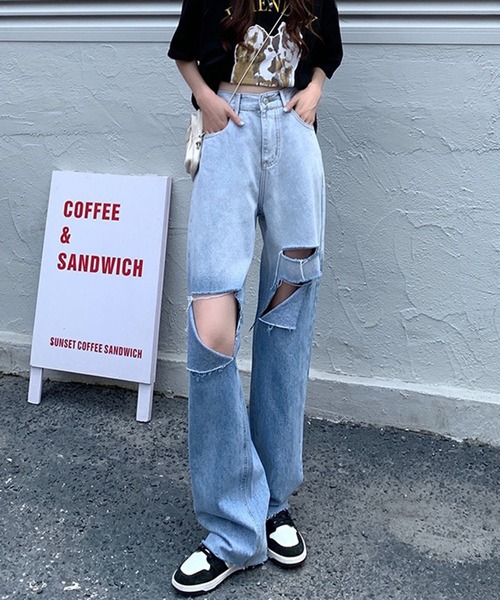 Teem Store（チームストア）の「ハイウエスト グラデーション ストレートダメージデニム（デニムパンツ・レディース・サックスブルー・S/M/L）」の4枚目の写真