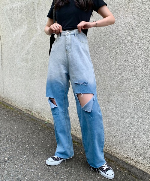 Teem Store（チームストア）の「ハイウエスト グラデーション ストレートダメージデニム（デニムパンツ・レディース・サックスブルー・S/M/L）」の3枚目の写真