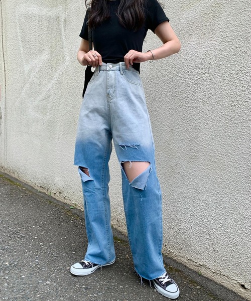 Teem Store（チームストア）の「ハイウエスト グラデーション ストレートダメージデニム（デニムパンツ・レディース・サックスブルー・S/M/L）」の10枚目の写真