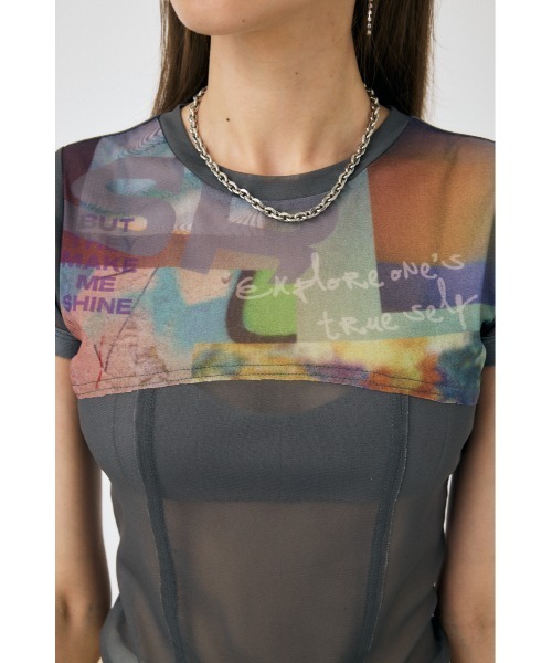 MOUSSY（マウジー）の「SHEER SWITCHING PRINT Tシャツ（Tシャツ/カットソー・レディース・ネイビー/グレー・FREE）」の15枚目の写真