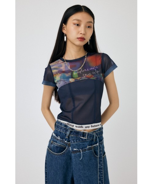 MOUSSY（マウジー）の「SHEER SWITCHING PRINT Tシャツ（Tシャツ/カットソー・レディース・ネイビー/グレー・FREE）」の6枚目の写真