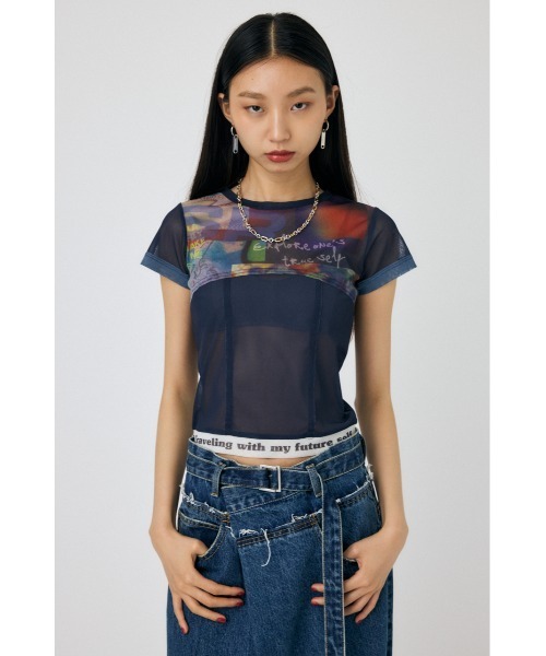 MOUSSY（マウジー）の「SHEER SWITCHING PRINT Tシャツ（Tシャツ/カットソー・レディース・ネイビー/グレー・FREE）」の5枚目の写真