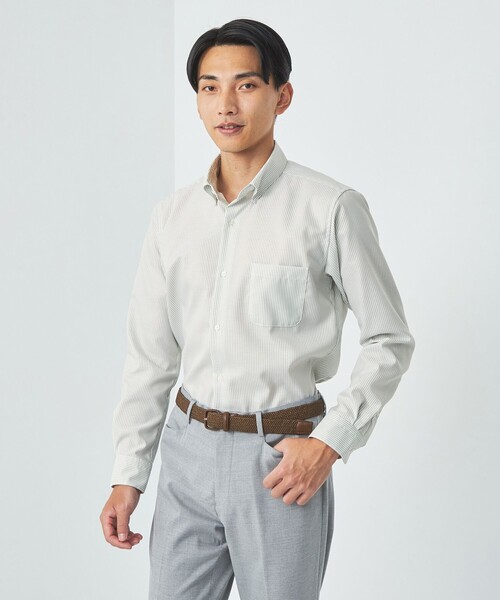 green label relaxing(グリーンレーベルリラクシング)の「エブリット コットンオックス ストライプ スナップ ボタンダウン シャツ -イージーアイロン-(シャツ/ブラウス・メンズ・ライトグレー/ライム・S/M/L/XL)」の1枚目の写真