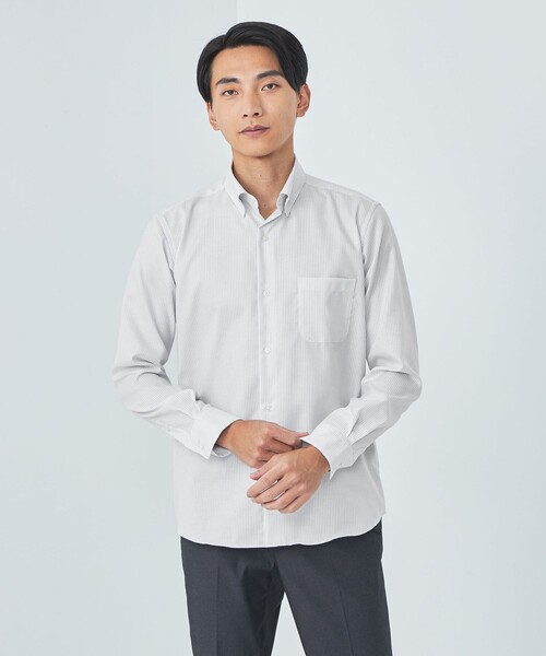 green label relaxing(グリーンレーベルリラクシング)の「エブリット コットンオックス ストライプ スナップ ボタンダウン シャツ -イージーアイロン-(シャツ/ブラウス・メンズ・ライトグレー/ライム・S/M/L/XL)」の2枚目の写真