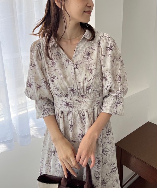 sale】UR 7分袖フロントタックプリントワンピース♡ フロントタック