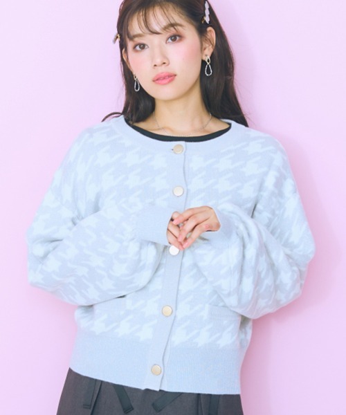 marun（マルン）の「＜大きいサイズ＞ ラメニット千鳥格子柄カーディガン marun（カーディガン/ボレロ・レディース・ピンク/グレー・5L/4L/3L/LL/L）」の5枚目の写真