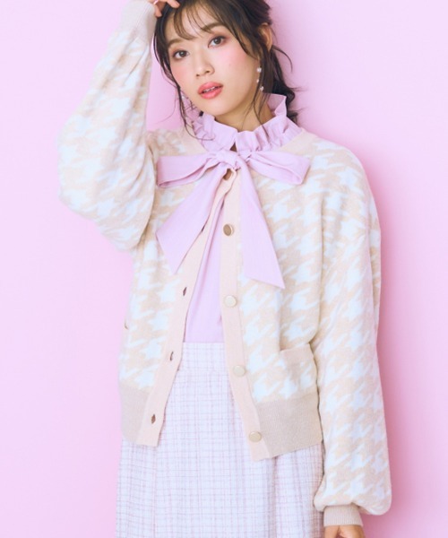 marun（マルン）の「＜大きいサイズ＞ ラメニット千鳥格子柄カーディガン marun（カーディガン/ボレロ・レディース・ピンク/グレー・5L/4L/3L/LL/L）」の6枚目の写真