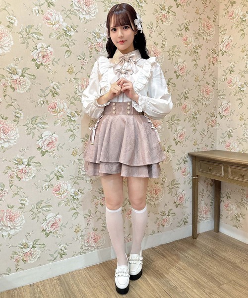 新品未開封★ROJITA ダブルリボンラッフルフリル配色ブラウス 地雷系 量産型 セール】ダブルリボンラッフルフリル配色ブラウス（シャツ