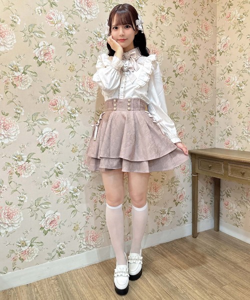 セール】ダブルリボンラッフルフリル配色ブラウス（シャツ