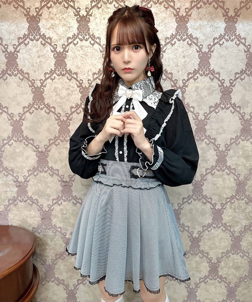 セール】ダブルリボンラッフルフリル配色ブラウス（シャツ