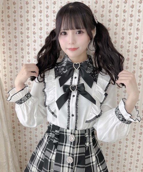 セール】ダブルリボンラッフルフリル配色ブラウス（シャツ