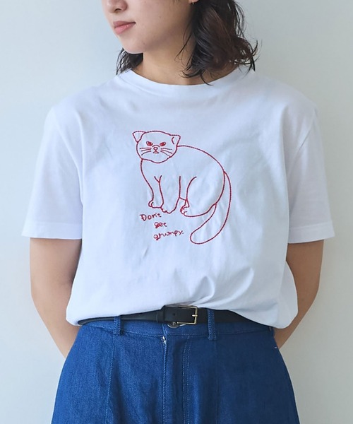 bulle de savon（ビュルデサボン）の「マヌルネコ刺繍Tシャツ（Tシャツ/カットソー・レディース・ホワイト/ブルー/グレー・FREE）」の2枚目の写真