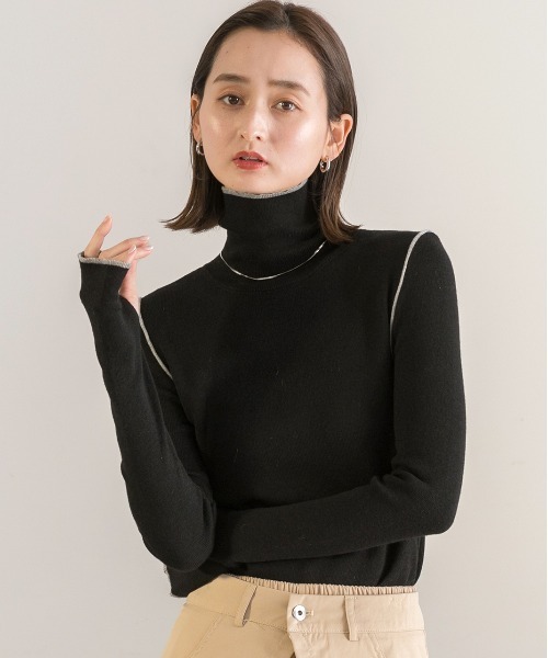 ad thie(アドティエ)の「サムホール付き 配色ラインタートルニット(ニット/セーター・レディース・ダークブラウン/オフホワイト/ピンク/ブラック・FREE)」の13枚目の写真