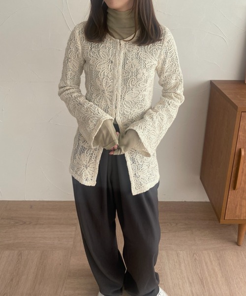 セール】袖ギャザーハイネック長袖シアーインナートップス（T