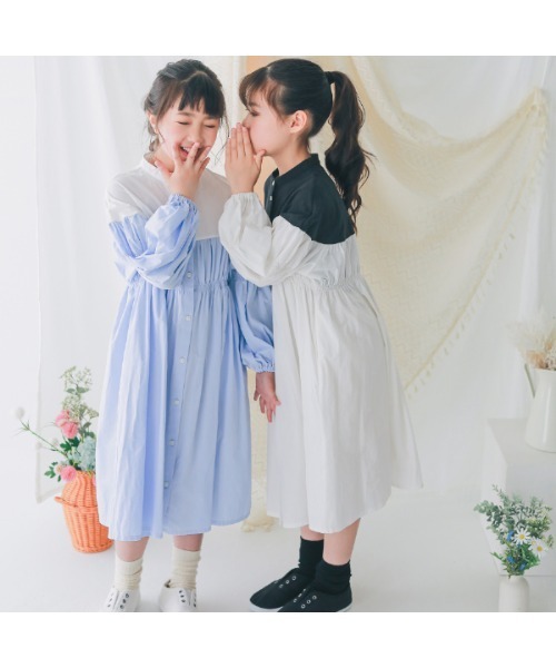 NHT(エヌエイチティー)の「エヌエイチティー 配色ギャザーワンピース(ワンピース・キッズ・ブラック/サックスブルー・130cm/150cm/160cm/140cm/120cm/110cm)」の7枚目の写真