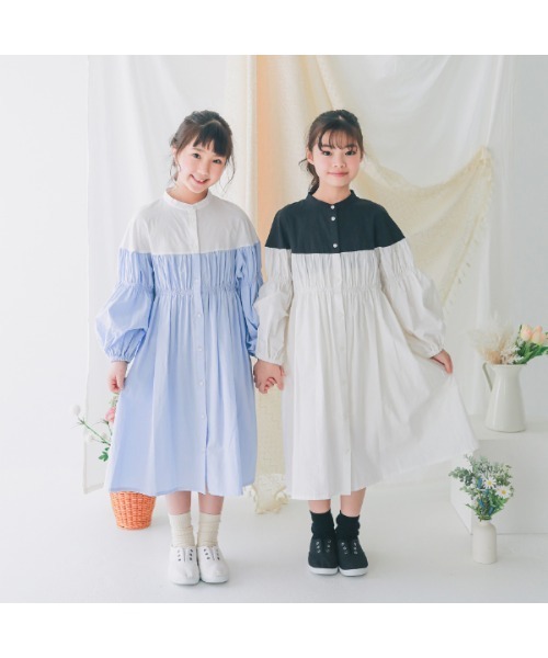 NHT(エヌエイチティー)の「エヌエイチティー 配色ギャザーワンピース(ワンピース・キッズ・ブラック/サックスブルー・130cm/150cm/160cm/140cm/120cm/110cm)」の9枚目の写真