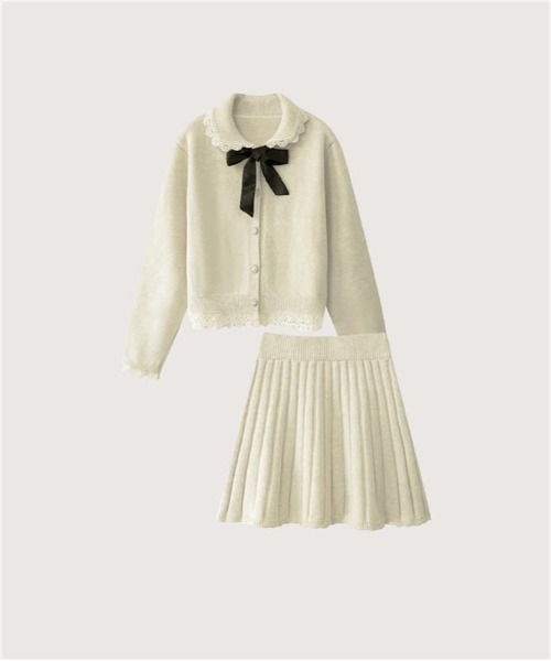 LA POMME petit(ラポミ・プチ)の「リボンカラーニットセットアップ Ribbon Collar Knit Set Up(セットアップ・レディース・グレー/ホワイト/ピンク/イエロー・SMALL/MEDIUM)」の3枚目の写真
