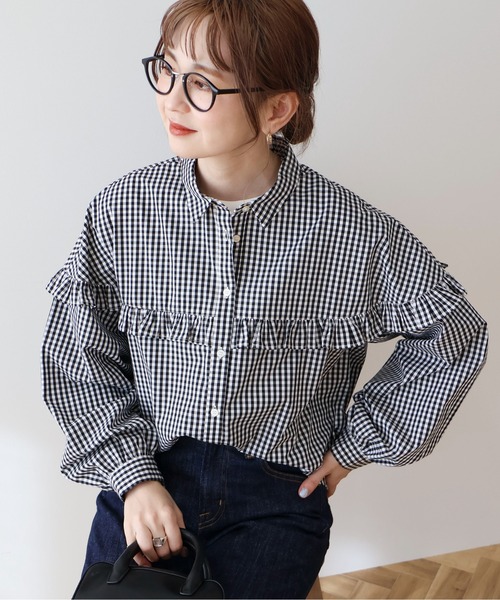 AMERICAN HOLIC(アメリカンホリック)の「イージーケアフリルシャツ(シャツ/ブラウス・レディース・イエロー/ストライプ/ブラック×ホワイト/ピンク・M/L)」の6枚目の写真