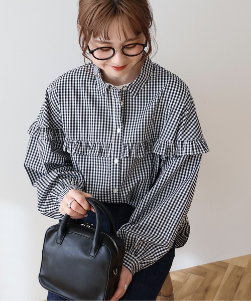 AMERICAN HOLIC(アメリカンホリック)の「イージーケアフリルシャツ(シャツ/ブラウス・レディース・イエロー/ストライプ/ブラック×ホワイト/ピンク・M/L)」の7枚目の写真