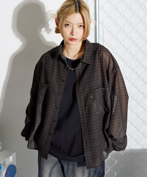 MSG(エムエスジー)の「ミニチェック長袖シアーシャツ【UNISEX】(シャツ/ブラウス・メンズ・ブラック/ブラウン/ブルー・S/M/L/XL)」の2枚目の写真