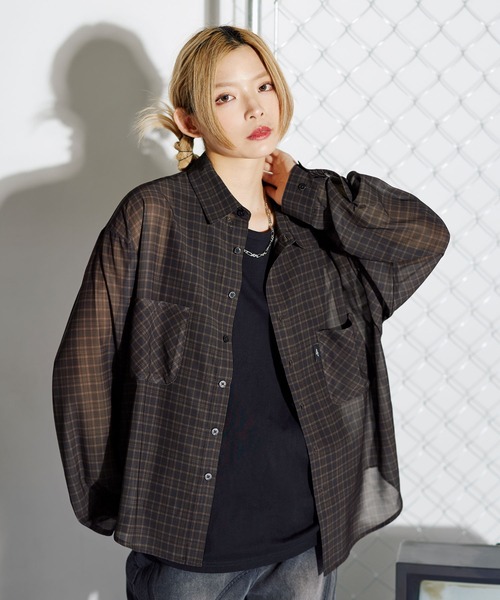 MSG(エムエスジー)の「ミニチェック長袖シアーシャツ【UNISEX】(シャツ/ブラウス・メンズ・ブラック/ブラウン/ブルー・S/M/L/XL)」の5枚目の写真
