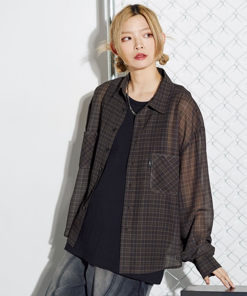 MSG(エムエスジー)の「ミニチェック長袖シアーシャツ【UNISEX】(シャツ/ブラウス・メンズ・ブラック/ブラウン/ブルー・S/M/L/XL)」の7枚目の写真