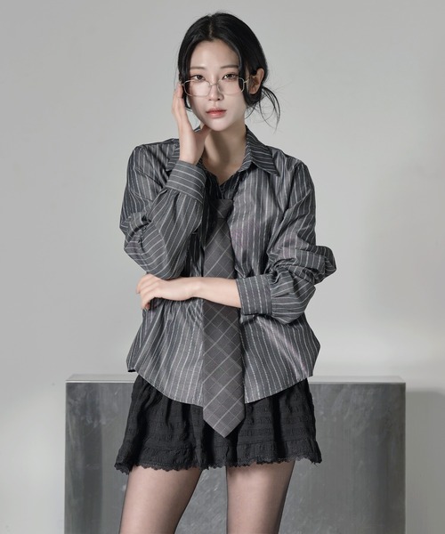 ◆ boohoo ◆ リネン ストライプ プランジネック シャツ Plantation / S LUXEストライプ / シャツ(M white(01)): SALE| A