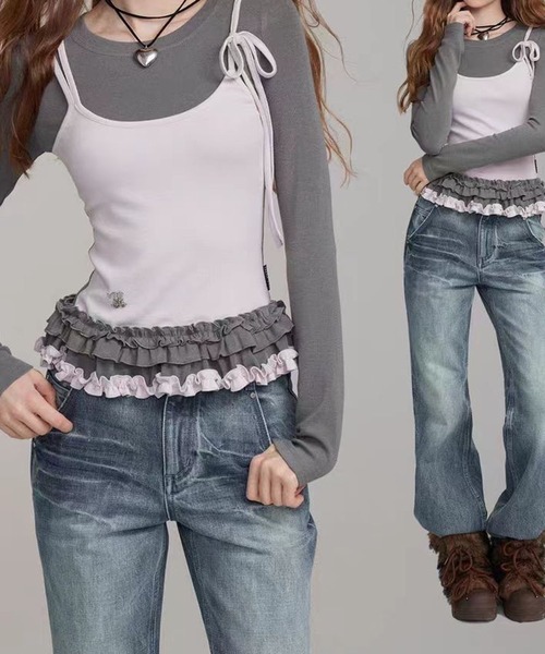 leune（ルネ）の「フリルキャミソールレイヤードロンT（Tシャツ/カットソー・レディース・グレー/オフホワイト・FREE）」の3枚目の写真