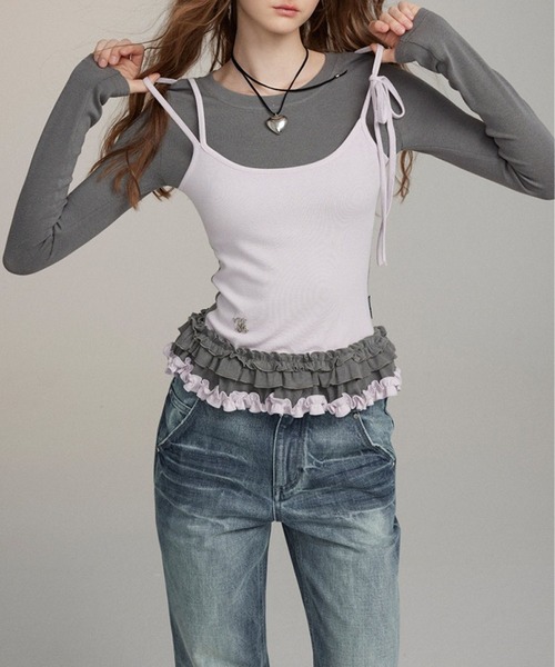 leune（ルネ）の「フリルキャミソールレイヤードロンT（Tシャツ/カットソー・レディース・グレー/オフホワイト・FREE）」の5枚目の写真