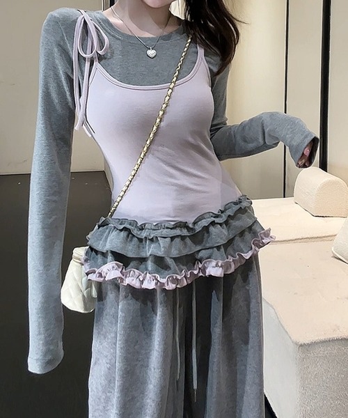 leune（ルネ）の「フリルキャミソールレイヤードロンT（Tシャツ/カットソー・レディース・グレー/オフホワイト・FREE）」の9枚目の写真