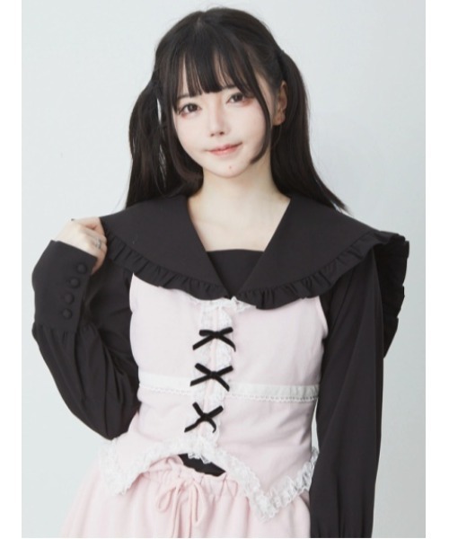 Ank Rouge（アンクルージュ）の「裏毛リボンベスト（Tシャツ/カットソー・レディース・グレー/ブラック/ピンク・M）」の3枚目の写真